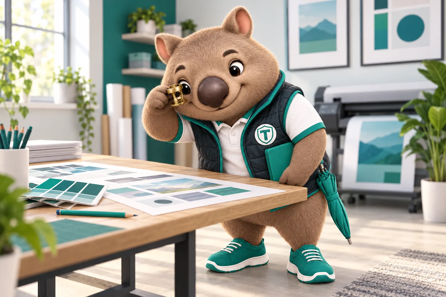 Meet Tilby, the InsuranceWebStudio wombat mascot, checking printed website page proofs through a loupe at the studio worktable