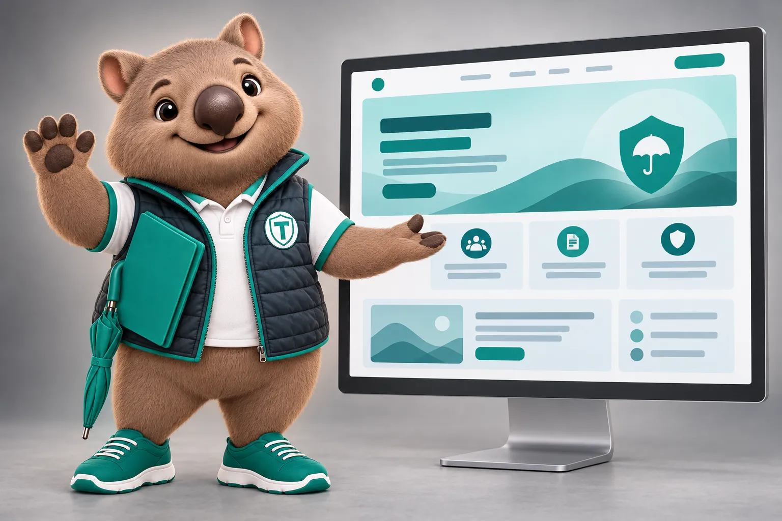 Tilby the wombat mascot waving beside a large monitor showing an agency website layout, ready for a demo