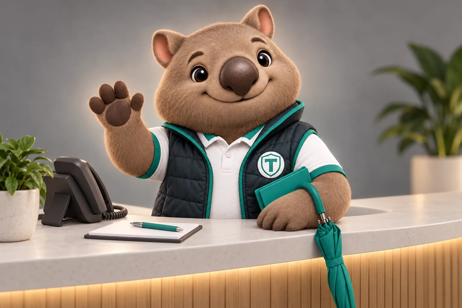 Tilby the wombat mascot waving from a reception counter beside a desk phone and a notepad