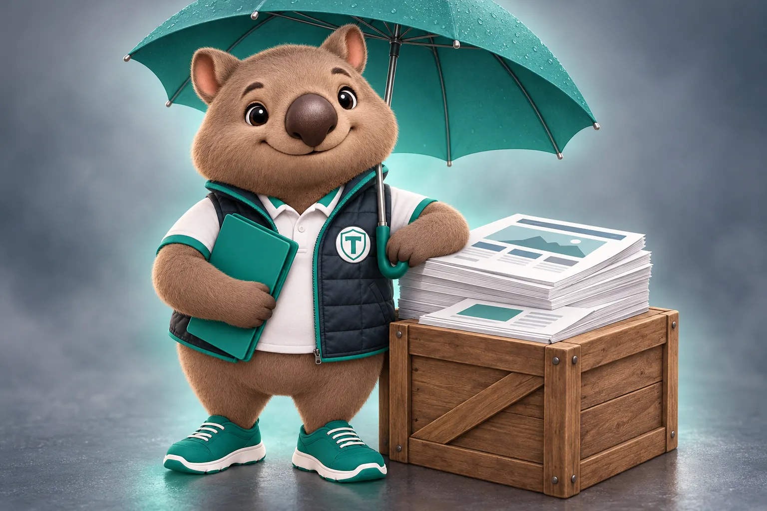 Tilby the wombat mascot holding a teal umbrella over a stack of website page proofs