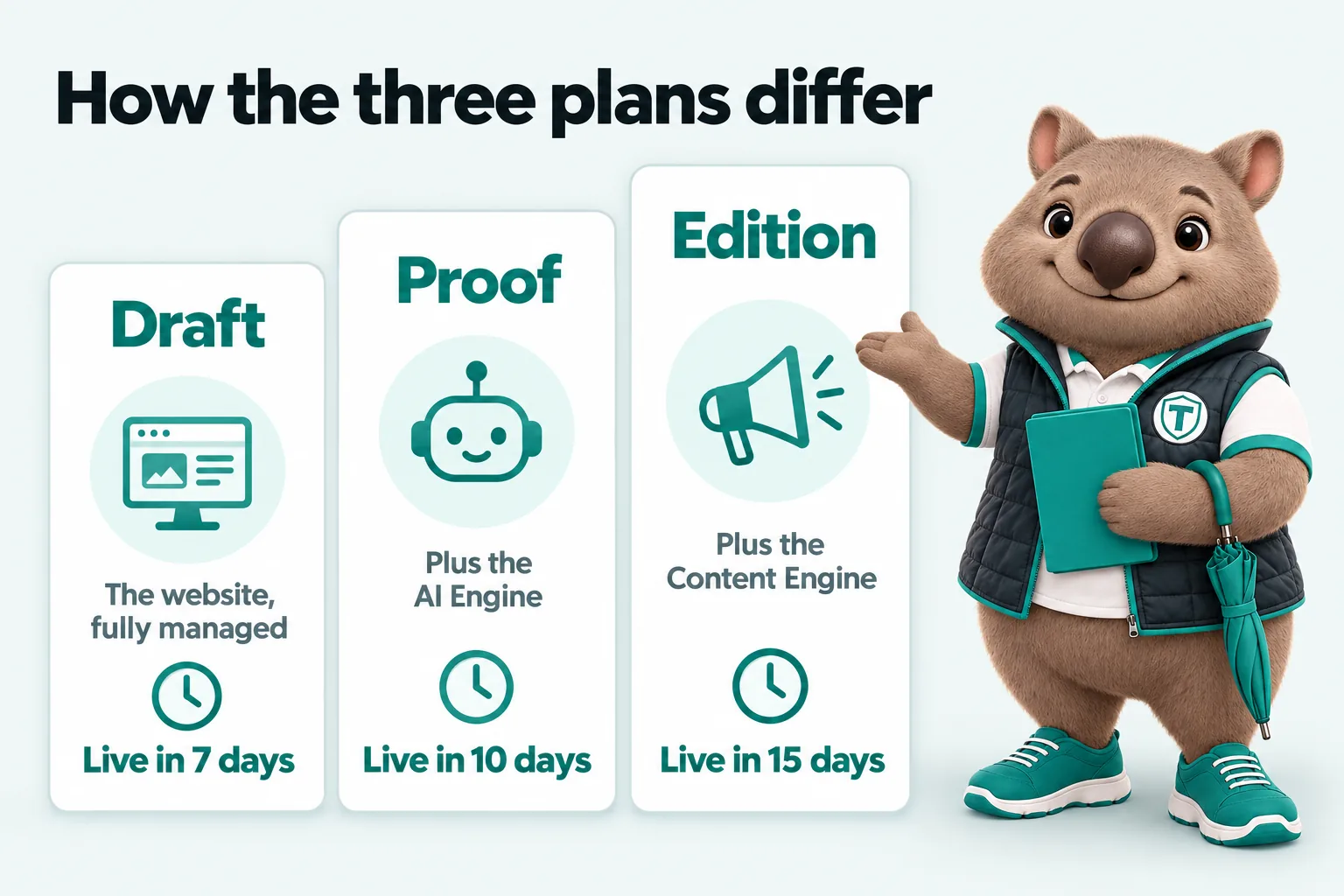 Infographic with Tilby the wombat mascot: How the three plans differ. Draft: the website, fully managed, live in 7 days. Proof: plus the AI Engine, live in 10 days. Edition: plus the Content Engine, live in 15 days.