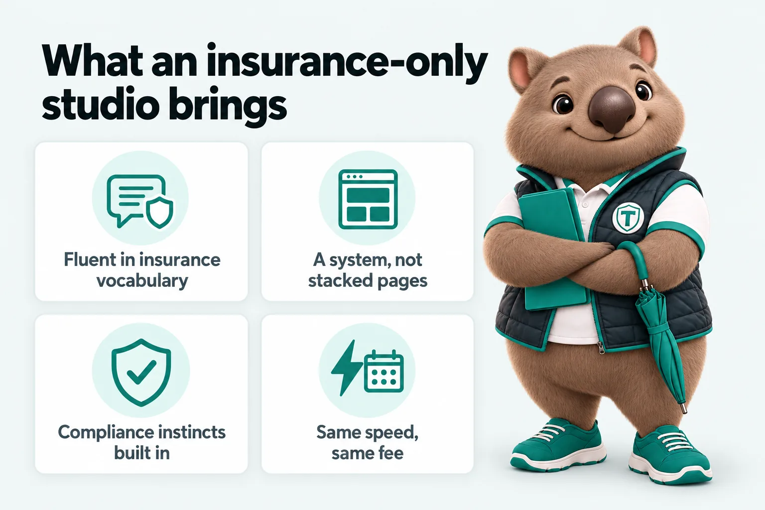 Infographic with Tilby the wombat mascot: What an insurance-only studio brings. Fluent in insurance vocabulary; A system, not stacked pages; Compliance instincts built in; Same speed, same fee.