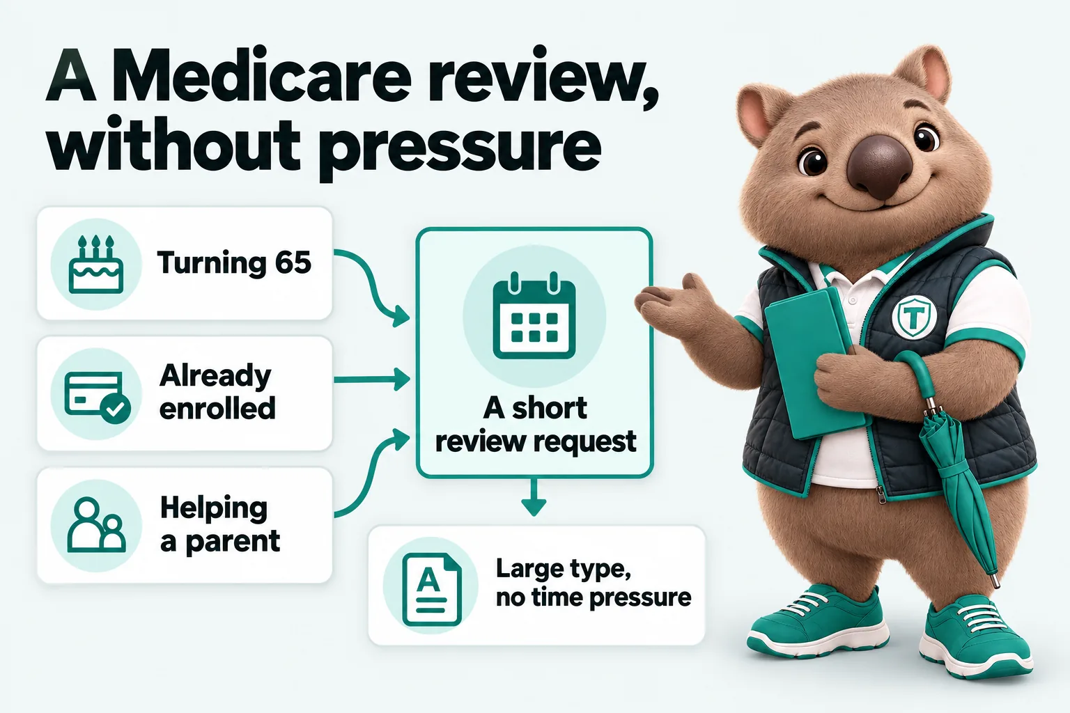 Infographic with Tilby the wombat mascot: A Medicare review, without pressure. Turning 65, already enrolled or helping a parent, each leads to a short review request. Large type, no time pressure.