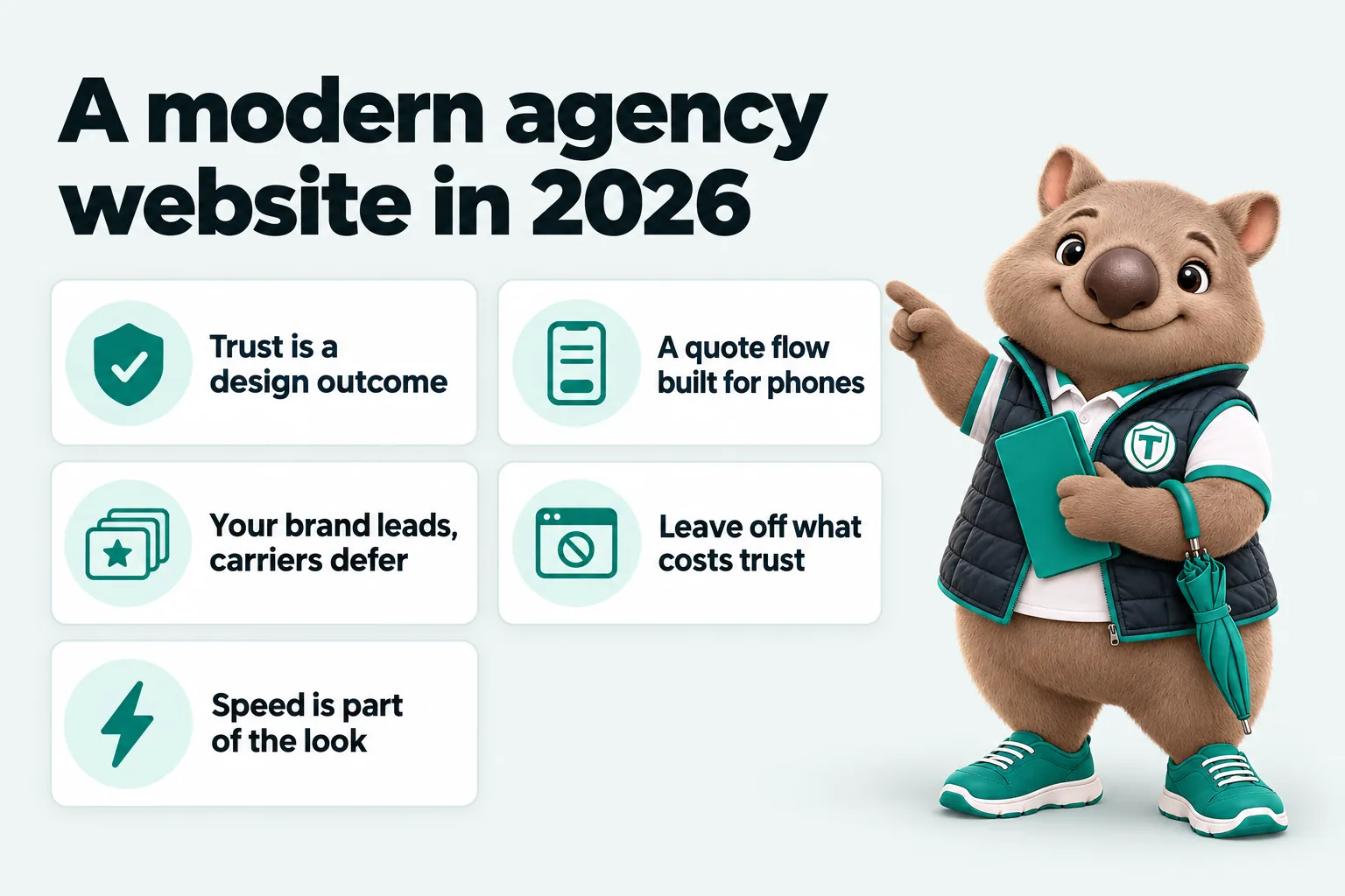 Infographic with Tilby the wombat mascot: A modern agency website in 2026. Trust is a design outcome; A quote flow built for phones; Your brand leads, carriers defer; Leave off what costs trust; Speed is part of the look.