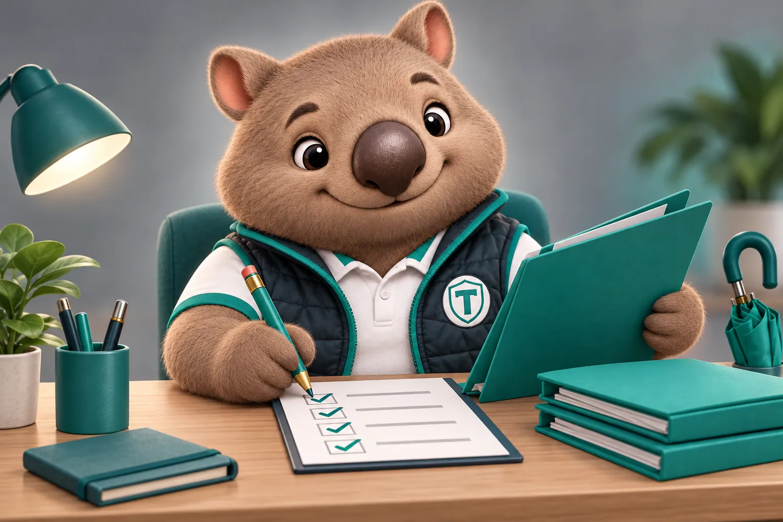 Tilby the wombat mascot at a small desk working through an onboarding checklist and a teal policy folder
